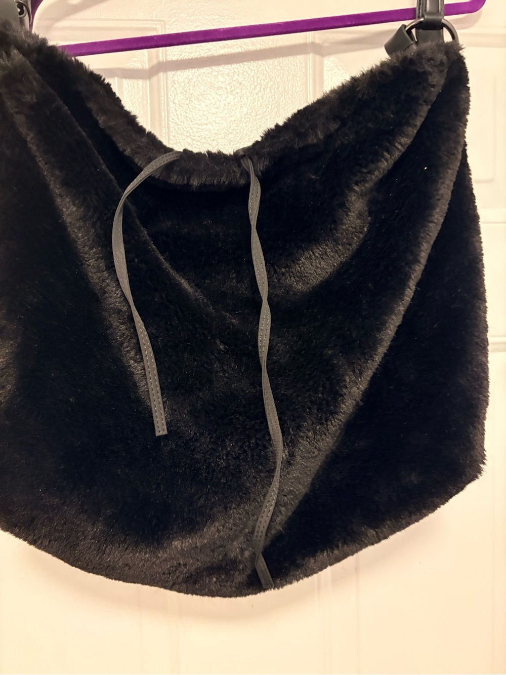Zara Black Faux Fur Hobo Bag with Drawstring
